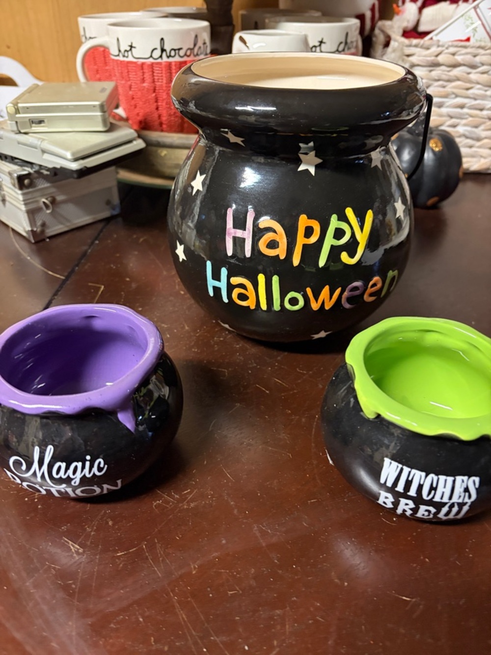 Happy Halloween Ceramic Cauldron Candle Holder - Black with Multicolor Lettering